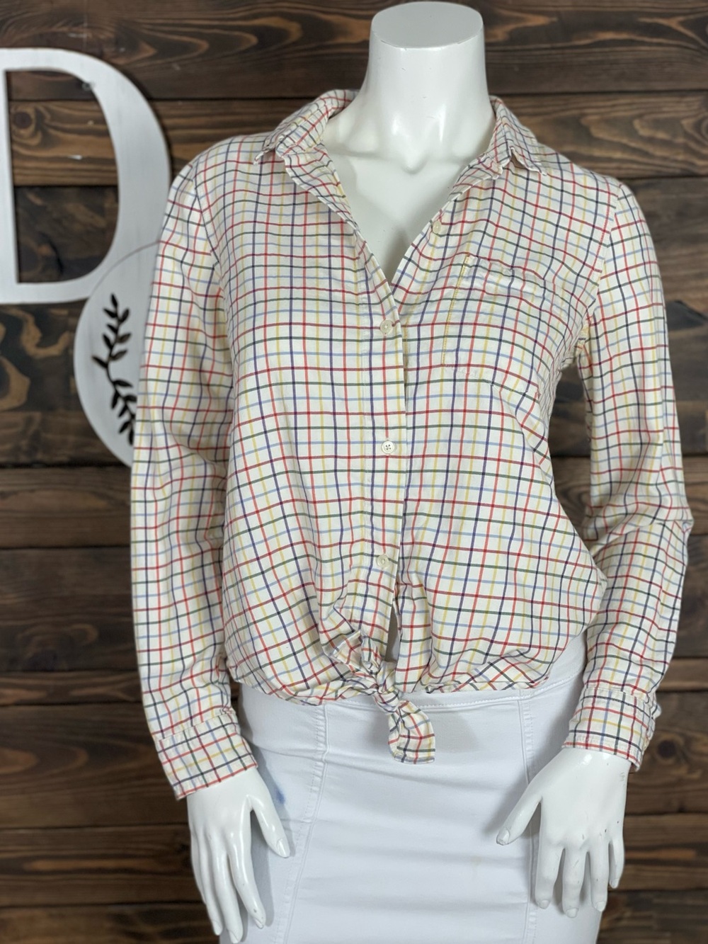 Madewell | Multicolored Cream Plaid Button-Front Tie Shirt Collard Colorful
